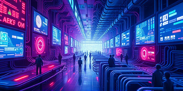 Una representación abstracta de un laberinto digital con figuras humanas diminutas y perdidas, rodeadas de cables y pantallas brillantes que muestran patrones caóticos y repetitivos. La paleta de colores debe ser fría y metálica, con toques de neón que simbolizan la promesa ilusoria de la tecnología. Estilo futurista y distópico.