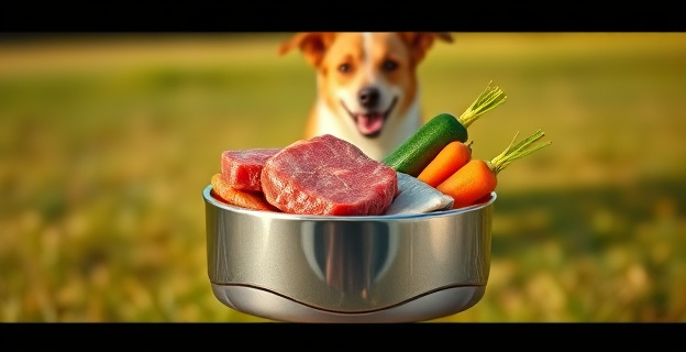 Un vibrante cuenco de comida para perro, rebosante de carne magra, pescado brillante, zanahorias anaranjadas y calabacines verdes, flotando sobre un fondo difuminado de un perro feliz y saludable corriendo en un campo. La iluminación es natural y cálida.
