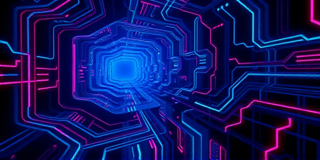 Representación abstracta de un laberinto infinito construido con líneas brillantes y fractales que recuerdan a circuitos electrónicos. Colores fríos y oscuros predominantes, con sutiles brillos que sugieren energía y movimiento. El estilo debe ser futurista y minimalista, evocando una sensación de inquietud y desorientación. No incluir figuras humanas.