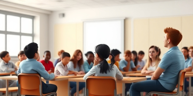 Un grupo de estudiantes sentados en un aula, escuchando atentamente a un expositor que habla sobre la importancia del respeto y la empatía en la convivencia escolar. El ambiente es sereno y reflexivo, con algunos estudiantes tomando notas o mirando a sus compañeros con interés.
