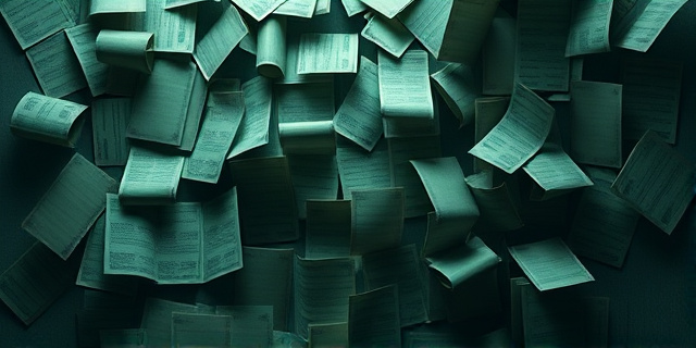 Una composición abstracta con tonos verdes oscuros y grises, representando un laberinto de documentos y billetes arrugados. La luz es tenue y enfocada en un punto central, sugiriendo una investigación en curso. Texturas que recuerden a papel viejo y tinta corrida. Estilo pictórico expresionista.